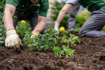 Gardeners plant young greens in a community garden in springtime, focusing on growth and sustainability