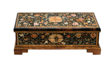 Intricately designed decorative wooden box showcasing floral patterns and a lock mechanism, displayed on a white background on transparent background
