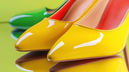 Brightly colored high heels shining on a reflective surface with vibrant green and red backgrounds