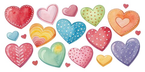 A Collection of Colorful Watercolor Hearts Featuring Various Patterns and Designs, Perfect for Valentine's Day or Romantic Projects
