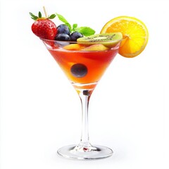 Refreshing Fruit Cocktail in Martini Glass Summer Drink with Strawberry Kiwi Orange Grapes