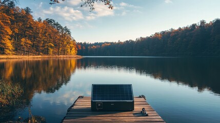A portable solar power box placed on a dock by a serene lake, with beautiful natural surroundings, showcasing sustainable energy solutions in an outdoor setting.