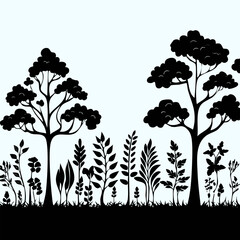 Black silhouettes of trees and plants on a light blue background.