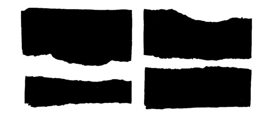 Torn pieces of tape paper, oblong black scotch tapes, vintage silhouette stickers torn edge, vector illustration.