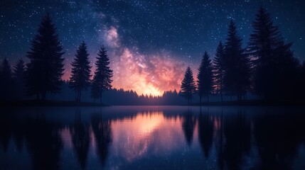 Fototapeta premium Milky Way Galaxy Over Serene Lake and Pine Trees