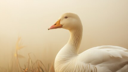 Fototapeta premium Serene White Goose in Misty Dawn Natures Gentle Beauty