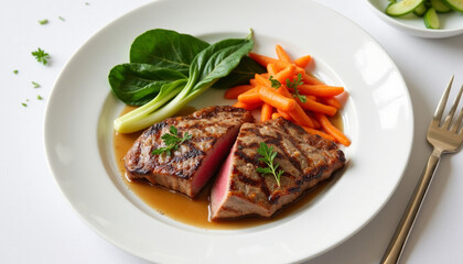 Grilled steak with vegetables and sauce served on a plate with elegant presentation
