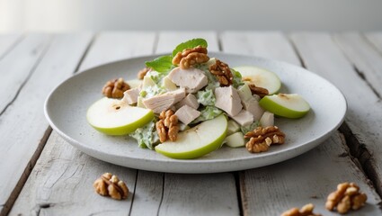 Chicken salad with apples and walnuts on wooden table