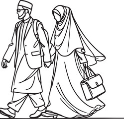 Modern Islamic Couple Walking Together. Minimalist Vector Art Illustration