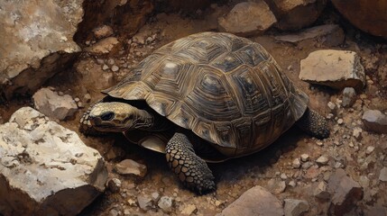 A desert tortoise slowly moves among rocks, its shell a fortress against the harsh elements
