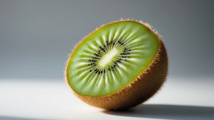 Closeup of Fresh Kiwi Fruit Sliced in Half Revealing Green Inside.