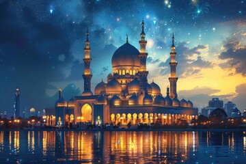 Obraz premium Illuminated Mosque Under a Starlit Night Sky