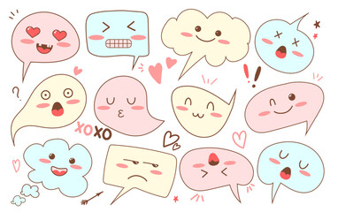 Set of speech bubbles with kawaii emotion faces, hand drawn vector illustrations
