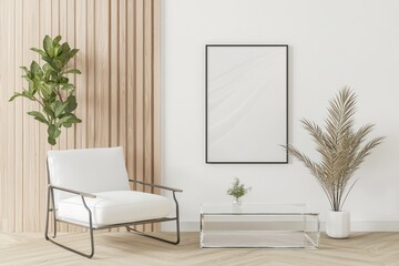 Scandinavian living room with a white armchair, clear coffee table, and a 3D poster frame set for an unconventional promotional view.