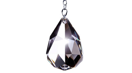 Crystal chandelier pendant hanging from a silver chain, beautifully reflecting light in an elegant indoor setting on transparent background
