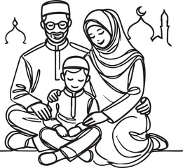 Modern Islamic Family Vector Illustration in Line Art