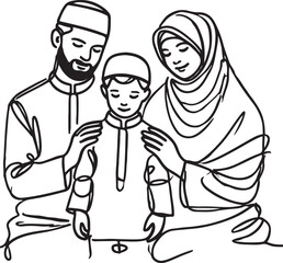 Modern Islamic Family Vector Illustration in Line Art
