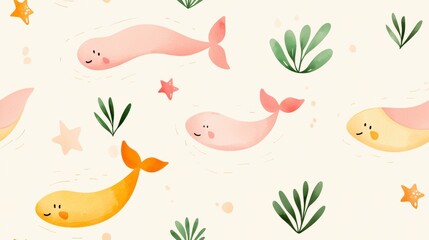 Cute illustrated whales swimming playfully in a soft pastel underwater scene with plants and stars