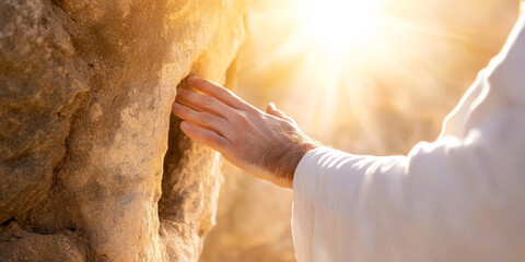 Jesus Christ hand of grace, hope, faith, salvation to trust divine purpose, Good Friday crucifix on Calvary of sacrifice, forgiveness promise of resurrection Bible Easter day.