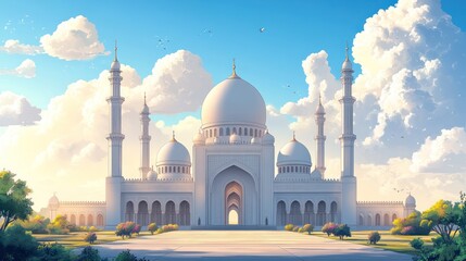 Fototapeta premium Majestic Grandeur: A Serene Digital Painting of a Mosque Under a Sunny Sky