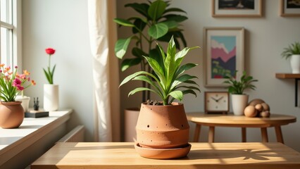 A beautiful light brown planter sits at the heart of this cozy indoor scene, its intricate drainage holes adding texture to the warm wooden table that surrounds it, with a lush green plant flourishing