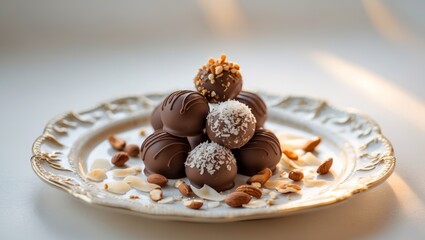 Delicious chocolate truffles topped with nuts and coconut on a decorative plate