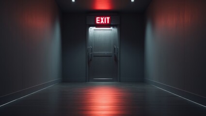 Dimly lit corridor with red exit sign above closed doorway.