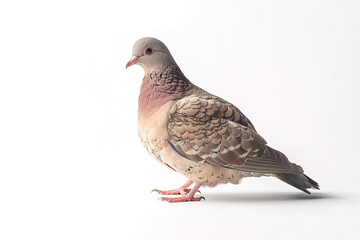 Fototapeta premium A plump pigeon with a pinkish breast stands tall against a clean white background. bird.