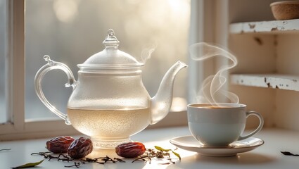 Fototapeta premium Elegant Glass Teapot with Tea and Dates on a Sunlit Window Sill.