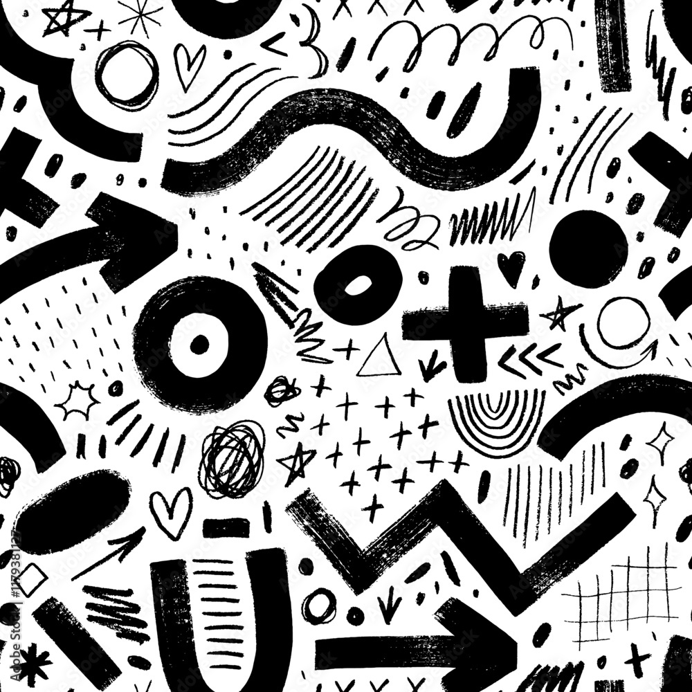 Aufkleber Abstract doodle grunge seamless pattern with squiggles and doodles. Brush drawn bold curved lines, crayon scribbles. Childish art background with grunge shapes, thin and thick rough lines.