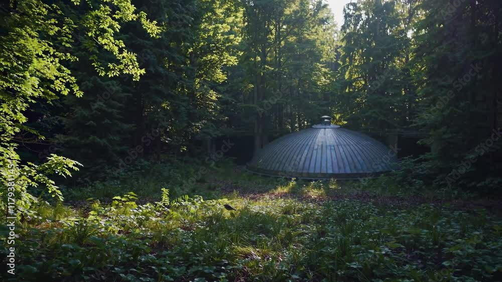 Aufkleber Exploring a secluded forest hideout surrounded by tall trees and lush greenery during a sunny afternoon