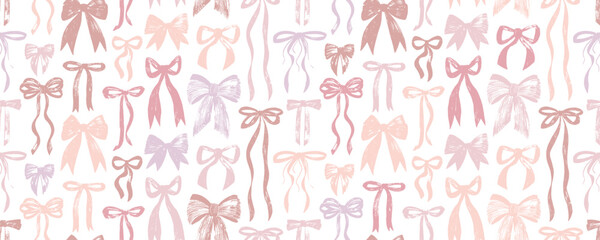 Girly pink bows and ribbons seamless pattern with crayon texture. Hand drawn vector coquette background.