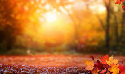 Autumn background with blurred autumn leaves on trees and falling leaves in a park at sunset. Autumn natural landscape with copy space, a fall season background. Generative Ai