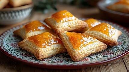 Honey Glazed Hamantaschen with Apricot Jam on Colorful Plate for Festive Occasion