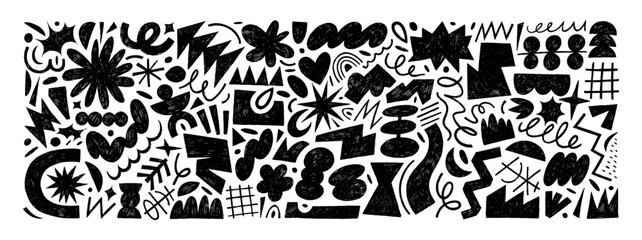 Collection of funky crayon drawn doodles, geometric shapes, naive lines and primitive figures.