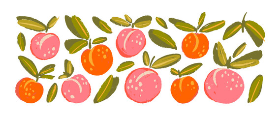 Set of colorful brush drawn peaches or apricots with leaves. Hand drawn funky naive fruit illustrations for collages.
