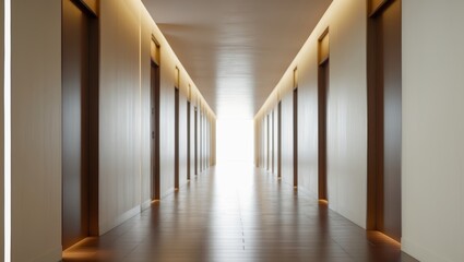 long brown corridor in modern hotel with copy space for text.