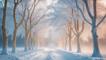 Magical Winter Wonderland White Gold Trees Snowy Path Festive Background.