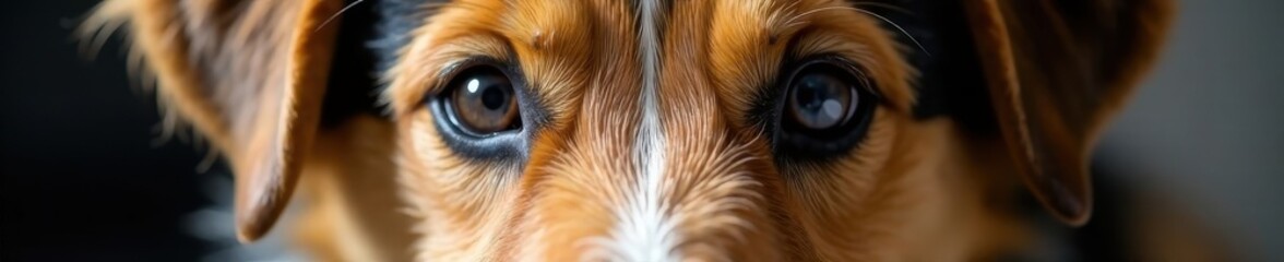 Naklejka premium Furry canine face close-up with piercing eyes and floppy ears, coat, face