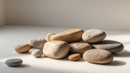 Natural assorted river stones with varied textures and warm earth tones