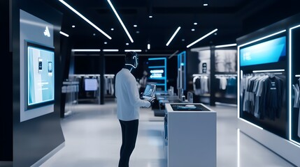 Fototapeta premium A customer interacting with a virtual AI assistant in a sleek retail store