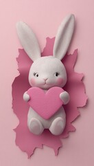 Obraz premium Cute 3d Plush White Bunny Doll Pink Heart Torn Pink Paper Background Happy Valentine's Day Greeting Card Copy Space