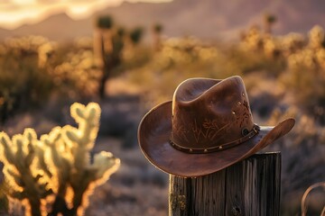 A rustic cowboy hat resting on a wooden post in a desert landscape at sunset.