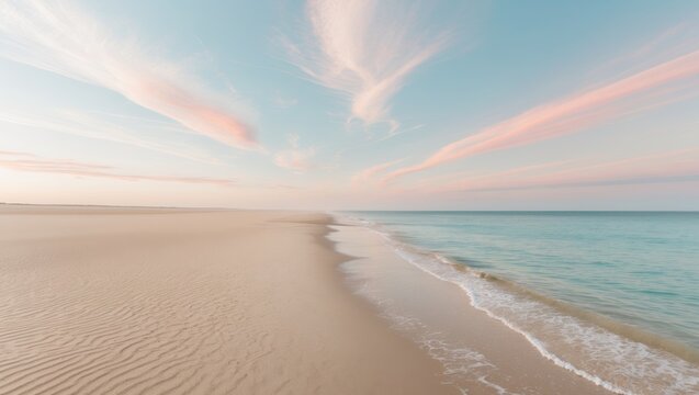 Serene Coastal Scene with Golden Sand and Gentle Waves under a Pastel Sky