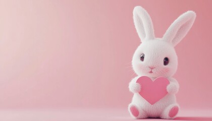 Cute 3d Plush White Bunny Doll Pink Heart Torn Pink Paper Background Happy Valentine's Day Greeting Card Copy Space