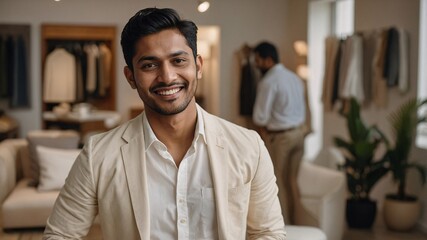 Obraz premium South Asian man smiling confidently in a modern clothing boutique during a sunny afternoon, showcasing a blend of elegance and fashion uniqueness