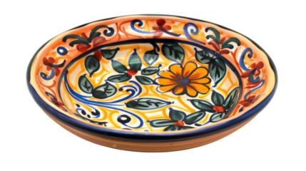 Colorful handcrafted pottery dish featuring floral and vine patterns, ideal for serving food or decoration on transparent background