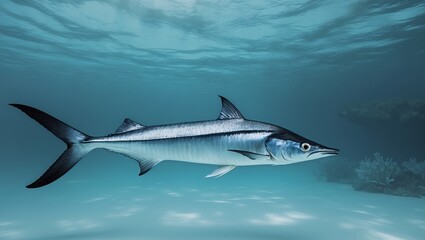 Fototapeta premium Swordfish swimming gracefully in blue underwater light.