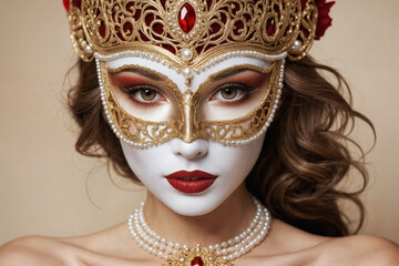 Beauty model woman wearing venetian masquerade carnival mask at party, over holiday background. Christmas and New Year celebration. Sexy girl with holiday makeup and manicure. Red lips and nails