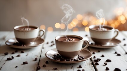 Fototapeta premium Three Cups Of Steaming Hot Chocolate With Coffee Beans.
